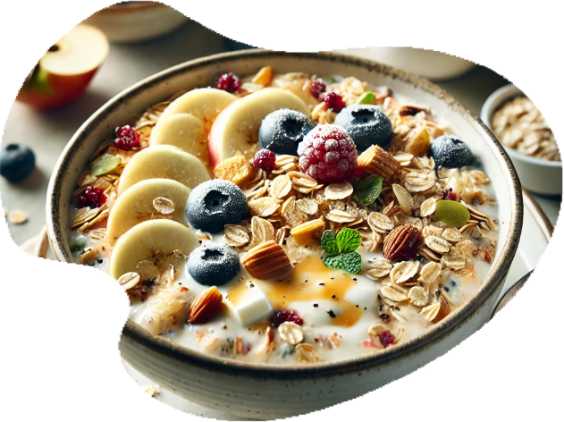 Bircher Müsli mit Milch und Sahne in einer Schüssel